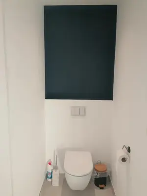 a bathroom with a toilet and a greenboard on the wall at Dunehill in Balen