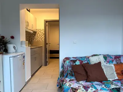 a living room with a couch and a kitchen at Studio situé à Woluwe-Saint-lambert in Brussels