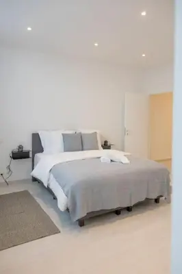 a bedroom with a large bed in a white room at Wonderful central 2BR Ghent apt w view on Leie in Ghent