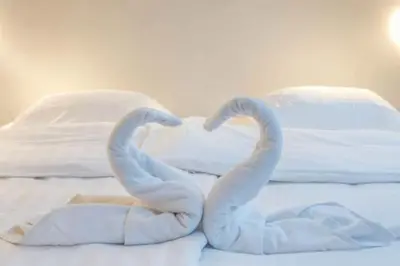 two towels shaped like swans sitting on a bed at Cozy Ghent Studio for 4 Guests in Ghent