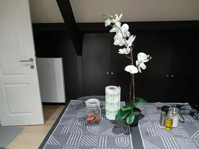 a table with a vase with white flowers on it at Flat at Relegem in Asse
