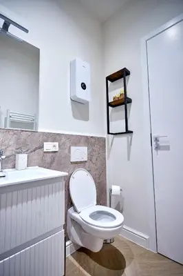 a white bathroom with a toilet and a sink at Urban Chic Apartment in the Heart of Mechelen in Mechelen