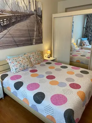 a bedroom with two beds with polka dots at One-bedroom Apartment near Atomium in Brussels