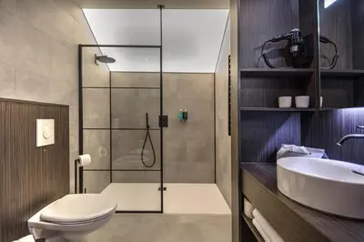 a bathroom with a shower and a toilet and a sink at Hotel Hallensis in Halle