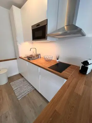 a kitchen with a sink and a microwave at Flat moderne et lumineux in Brussels