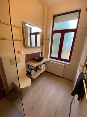 a bathroom with a toilet and a mirror at J and R Brussels City Apartment in Brussels