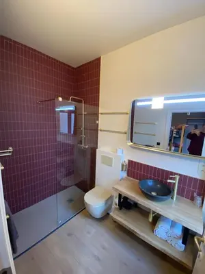a bathroom with a toilet and a sink and a mirror at J and R Brussels City Apartment in Brussels