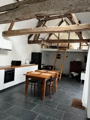 a kitchen with a wooden table and chairs in a room at Melkhuisje in Dendermonde