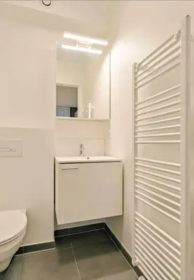 a white bathroom with a sink and a toilet at Two Bedroom Apartment with Amazing View in Center in Brussels