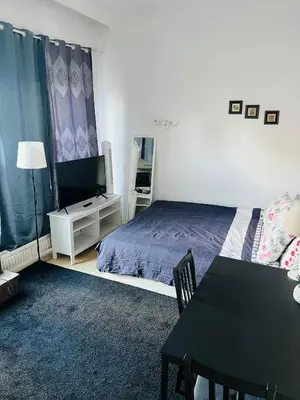 a bedroom with a bed and a table and a tv at Surplombant louisa in Brussels