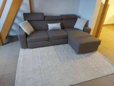 a living room with a brown couch and a rug at Charming Apartment in Haren, Brussels - 40 sqm of Comfort in Brussels