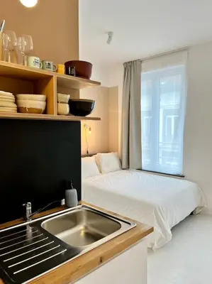 a kitchen with a bed and a sink in a room at Chez Louise - A haven of peace in Brussels in Brussels