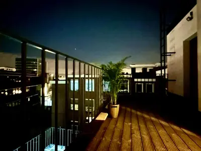 a potted plant sitting on the deck of a balcony at Luxury Suites Park by Rikas Hotels in Antwerp