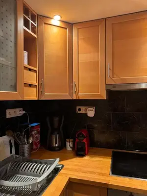 a kitchen with wooden cabinets and a counter top at Lisa appartement Brussels in Brussels