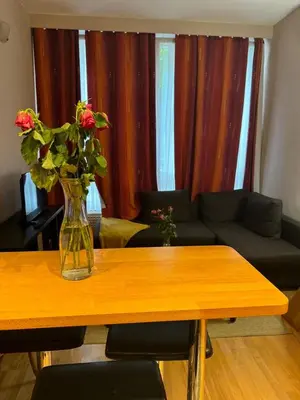 a vase of flowers sitting on a wooden table at Lisa appartement Brussels in Brussels