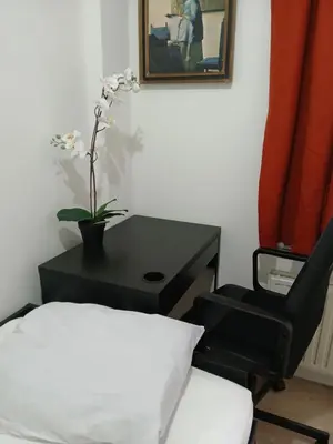 a bedroom with a desk and a bed and a chair at Kamertje in Asse