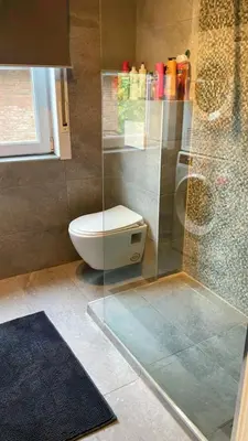 a bathroom with a toilet and a glass shower at Apartment near atomium with parking in Vilvoorde