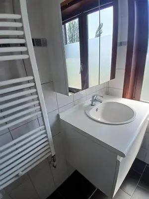 a white bathroom with a sink and a mirror at Dorpje in Asse