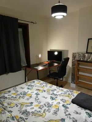 a bedroom with a bed and a desk with a computer at Dorpje in Asse