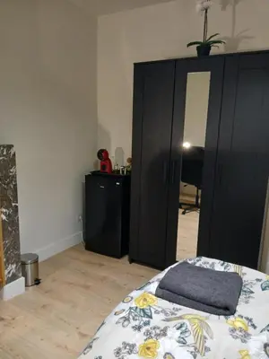a bedroom with a bed and a large black cabinet at Dorpje in Asse