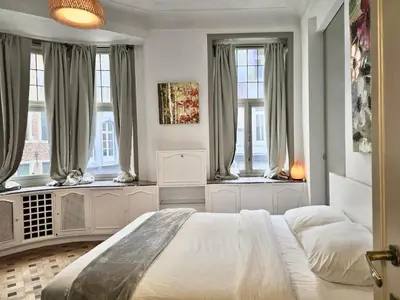 a bedroom with two beds and two windows at Marianne 1 in Brussels