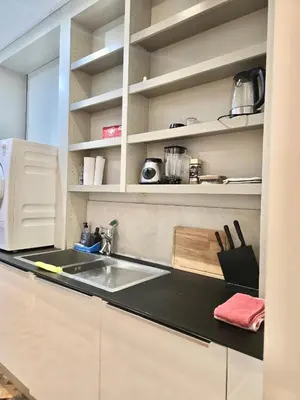a kitchen with a sink and white cabinets at Marianne 1 in Brussels