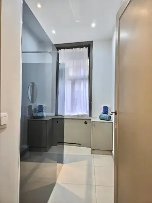 a bathroom with a sink and a door with a window at Marianne 1 in Brussels