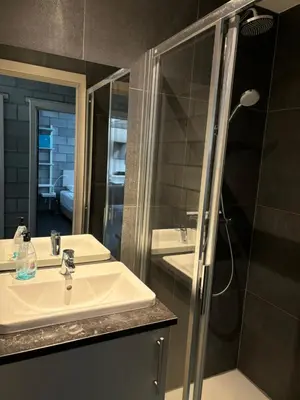 a bathroom with a sink and a shower at Vakantiewoning De Poort in Zottegem