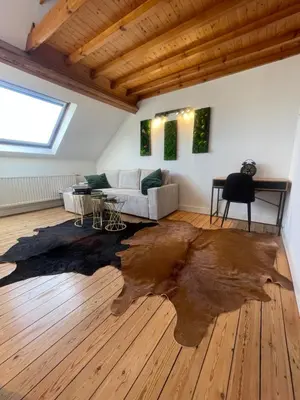a living room with a couch and a wooden floor at Attic European Quarter in Brussels