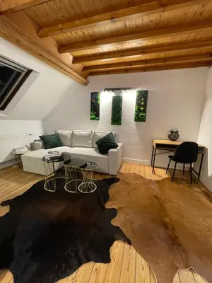 a living room with a couch and a table at Attic European Quarter in Brussels