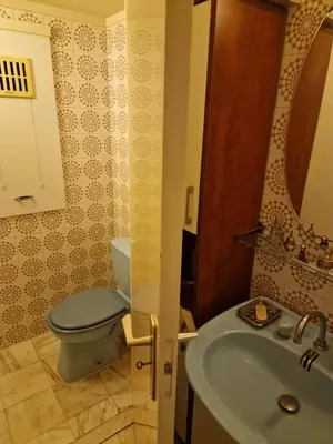 a bathroom with a blue toilet and a sink at La ferme rose in Brussels
