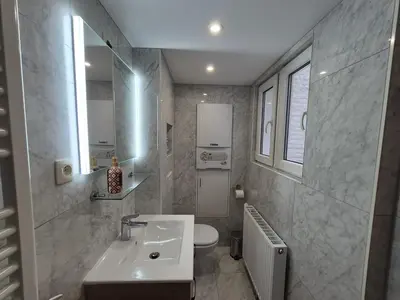 a bathroom with a sink and a toilet at Tasson Snel apartment center of Brussels in Brussels