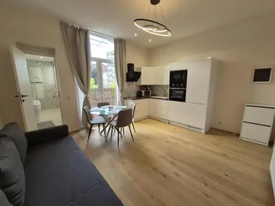 a living room with a couch and a table at Elegant apartment in center of Brussels in Brussels