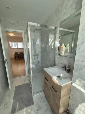 a bathroom with a sink and a shower and a mirror at Cosy duplex in center of Brussels in Brussels