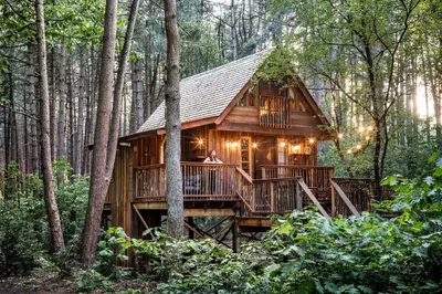 a tree house in the woods with a woman standing on the deck at Tjiftjaf in Retie