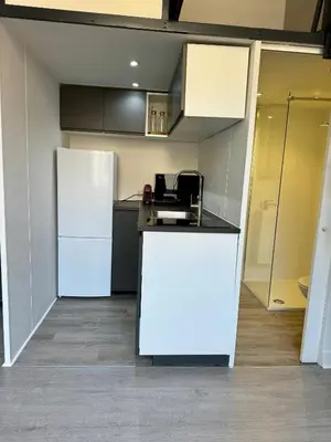 a kitchen with a white refrigerator and a counter at Studio avec chambre en mezzanine in Brussels