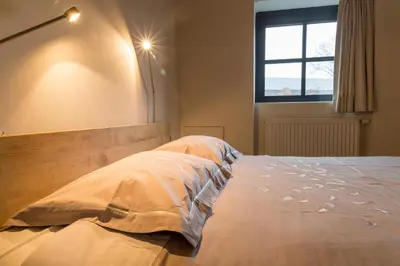 a bedroom with a bed and a window at Guesthouse De Vliere in Beerse