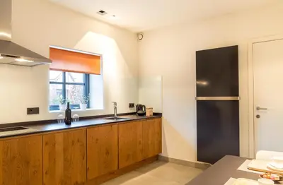 a kitchen with wooden cabinets and a window at Guesthouse De Vliere in Beerse