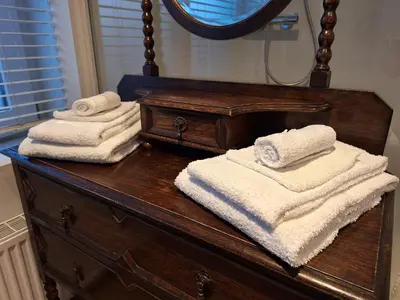 a wooden dresser with towels on it with a mirror at B&B De Lelie in Schoten