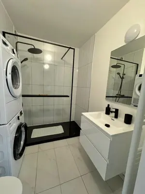 a bathroom with a shower and a washing machine at STUDIO Zone touristique in Brussels