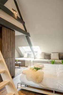 a bedroom with two beds and a loft at Charming Attic Retreat in Historic Ghent Center in Ghent