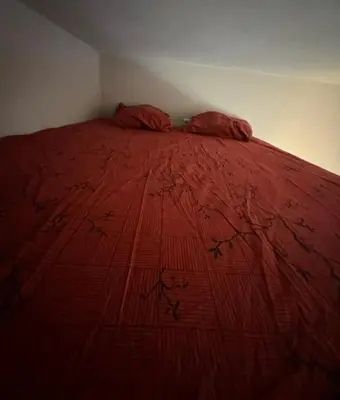 a red bed with two pillows on top of it at B&B appartement in Brussels