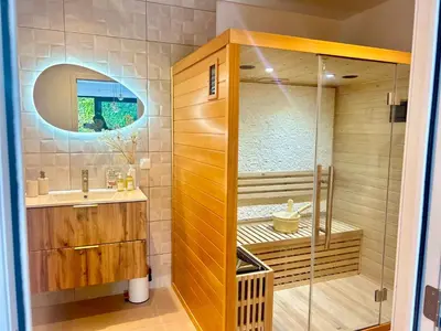 a bathroom with a shower and a sink at MY Cabane -POOL HOUSE avec Sauna privée près de Bruxelles in Oppem