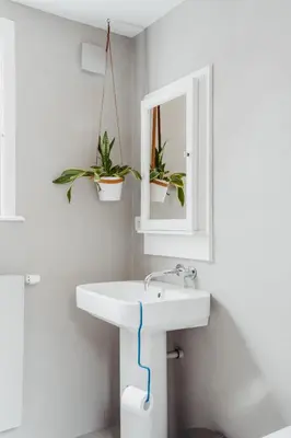 a bathroom with a sink and two potted plants at Huis Hector Mechiels HOUSE in Lindeken