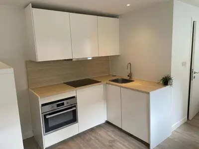 a small kitchen with white cabinets and a sink at voskenslaan WS in Ghent