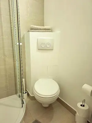 a white bathroom with a toilet and a shower at Studio Viktory in Antwerp