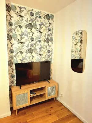 a flat screen tv sitting on top of a wooden entertainment center at Studio Viktory in Antwerp