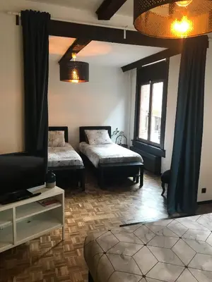 a living room with two beds and a tv at B&B Sablon Antwerp in Antwerp
