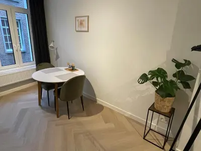 a dining room with a white table and a potted plant at Stadsstudio op toplocatie in Antwerp