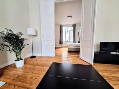 a living room with a black rug on a wooden floor at La Suite Alice in Brussels